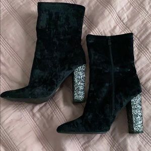 Black suede, sparkly heel, calf high booties!